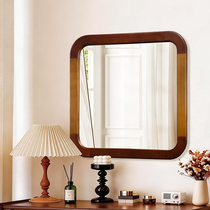 Bathroom Mirror 24 x 24 Inch,Brown Wood Rustic Rectangle Tempered Wall Mirror with Wood Frame,Round Corner Farmhouse Wooden Vanity Mirror for Living Room,Entryway or Bedroom（Walnut Brown） - Image 4