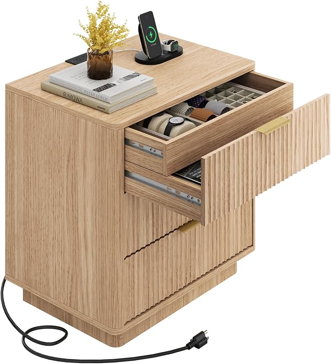 Fluted Night Stand with Charging Station, 22.4" W with Hidden Drawer, 4 Drawers, Wood End Table Mid Century Night Stands for Bedroom, Natural Oak - Image 4