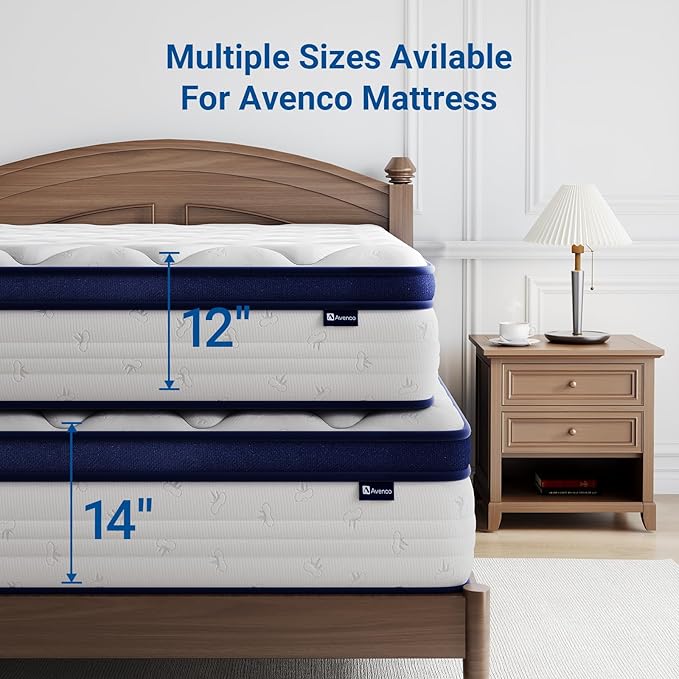 Avenco King Mattress, Hybrid King Size Mattress in a Box, 12 Inch King Size Mattresses with Comfort Foam and Pocket Coils for Pressure Relief Motion Isolation