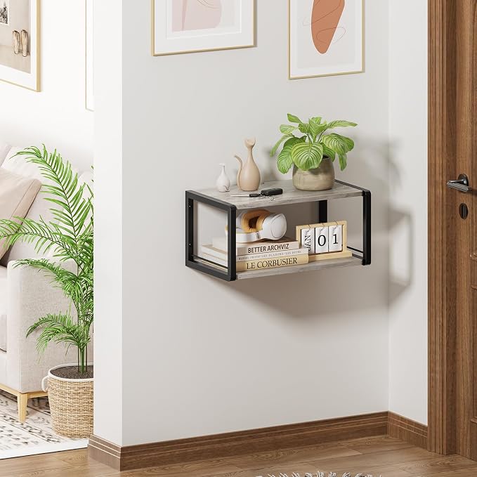 Floating Nightstand Set of 2, Wood Bedside Shelf Wall Mounted Nightstand with Heavy-Duty Frame, Floating Bedside Table for Bedroom, Bathroom, Kitchen, (Vintage Grey, 2 Pack) - Image 6