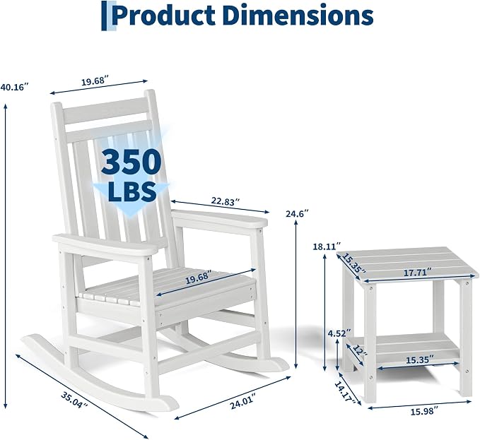 Garvee HDPE Rocking Chair Outdoor Set of 4 with 2 Side Table - Poly High Back Porch Rocker Chairs for Adults - All Weather Resistant Furniture for Patio Front Porch - White - Image 2