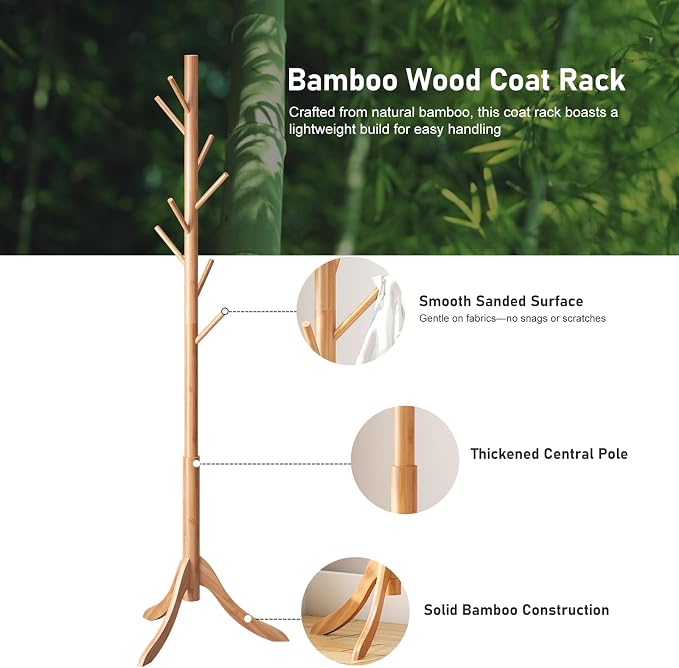 kiplant Coat Rack Freestanding, Bamboo Wood Coat Stand with 8 Hooks,3 Adjustable Size,Easy Assembly NO Tools Required, Coat Tree Hanger Stand for CoatsScarves in Hallway - Image 4