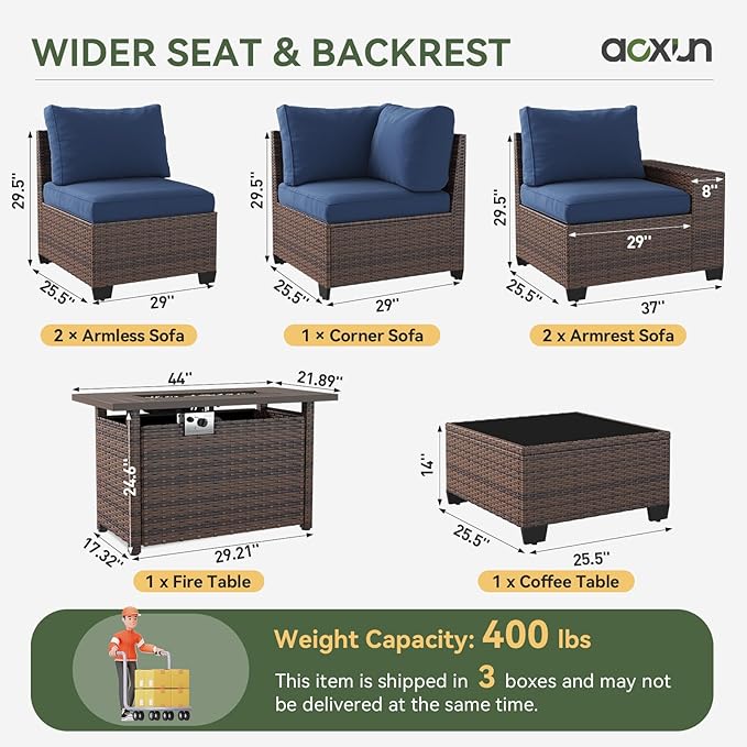 Aoxun Outdoor Patio Furniture Set with 44'' Fire Pit Table, 7 Pcs Outdoor Patio Furniture Sets with 4in Thicken Cushion, Widen Armrests Wicker Outdoor Sectional for Backyard (Waterproof Cover Include)