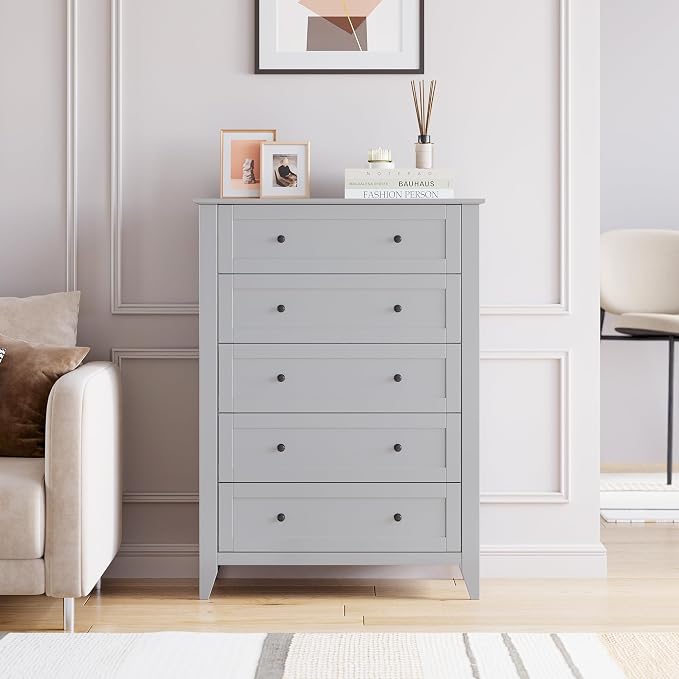 GarveeHome 5 Chest of Drawer Dresser, Wood Storage Organizer Cabinet with Drawers for Bedroom, Tall Dresser Nightstand for Living Room, Entryway, Grey - Image 7
