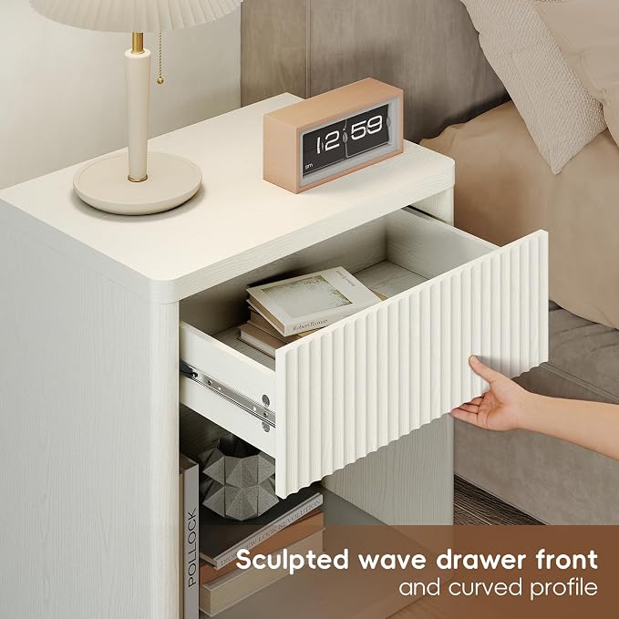 LubanNese Fluted Nightstands Set of 2, Modern Night Stands with Drawer, Bedside Table with Storage Open Shelf, Mid Century Large Wide Wood End Table for Bedroom Living Room, White Oak - Image 4