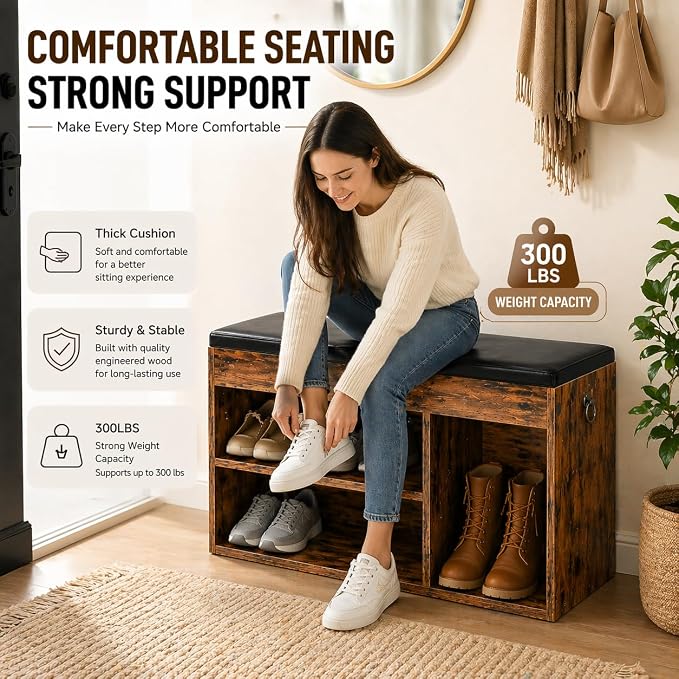 HOOBRO Shoe Storage Bench with Cushion, 32.3'' Entryway Bench with Lift Top Hidden Storage and Adjustable Shelves, Wooden Shoe Rack Bench for Entryway Bedroom, Rustic Brown and Black BF40HX01 - Image 5