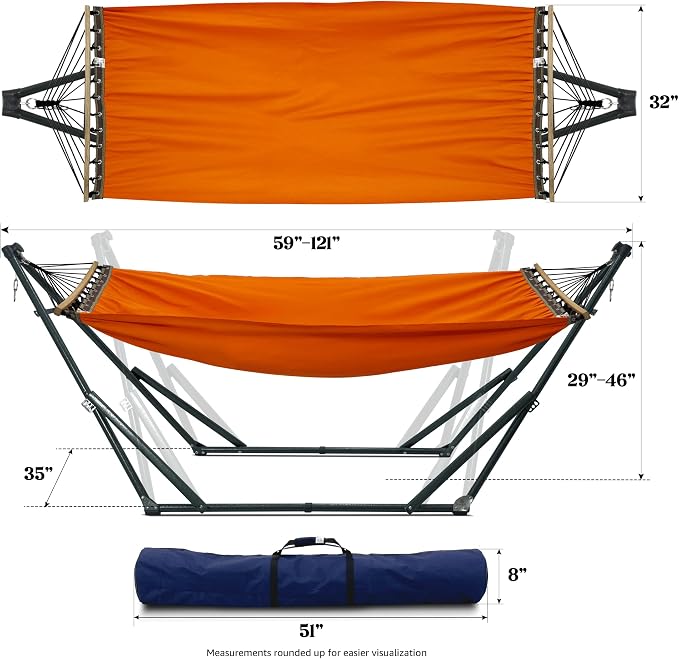 Tranquillo Sturdy Steel Hammock with Stand Premium Cotton Canvas Hammock, 600 lbs Capacity Hammock Stand Folding, Portable 30-Second Fold Unfold Hammock for Camping, Orange - Image 2