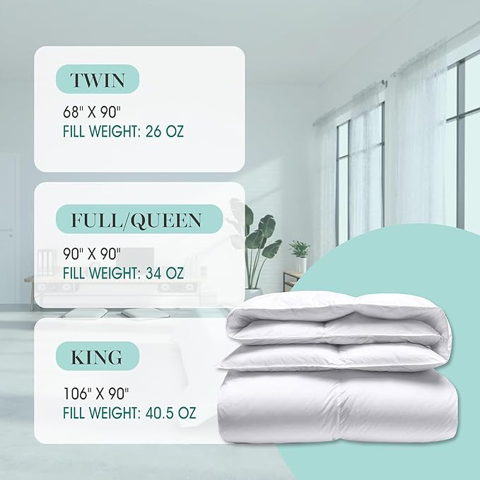 Martha Stewart White Down Feather Comforter Twin Size - 600 Fill Power 100% Cotton Down Duvet Insert, Made in USA, All Season Medium Warmth Comforter with Corner Loops - 68" x 90"
