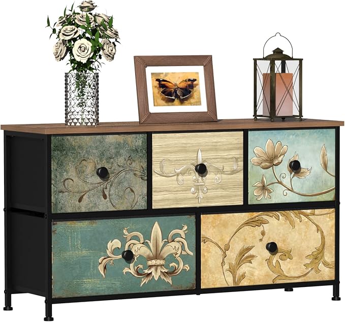 Tohomeor Dresser with Drawers for Bedroom Chest of Drawers Fabric Dresser for Closet,Nursery Entryway Hall Tree TV Stand for Living Room Retro Floral Pattern Drawers Wooden Top (5 Drawers) by Tohomeor