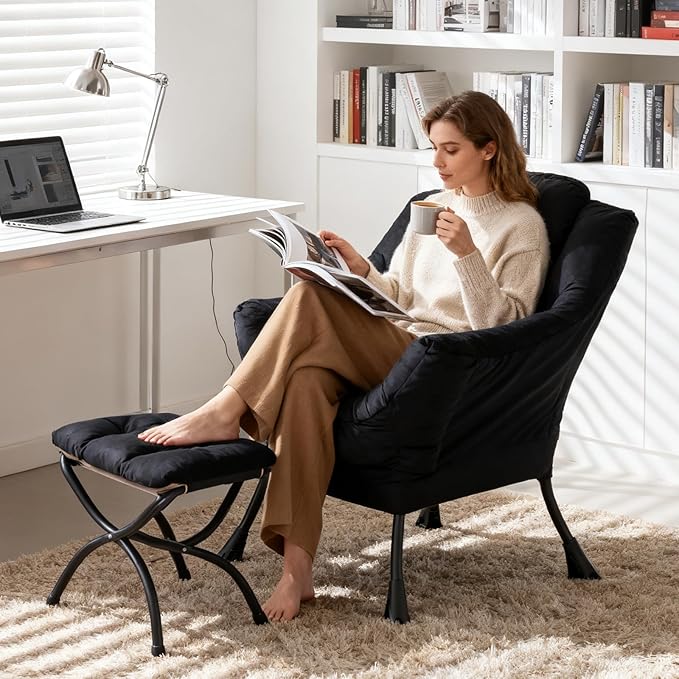 Lazy Chair with Ottoman, Modern Accent Chair Sofa Chair with Armrests, Reading Chair and Folding Footstool for Living Room, Bedroom, Office, Plush Black