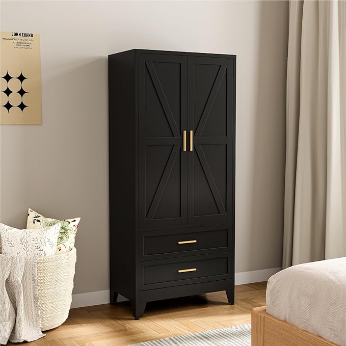 Metal Wardrobe Cabinet, 71" Tall Armoire Wardrobe Closet with 2 Drawers, Hanging Rod and Adjustable Shelf, Farmhouse Clothing Storage Cabinet for Bedroom, Laundry
