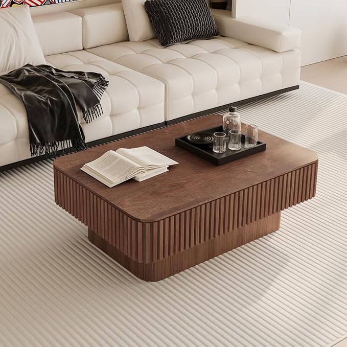 Lift Top Coffee Table with Storage for Living Room Mid Century Modern Coffee Table with Lifting Top Wood Fluted Coffee Tables with Lifts Up Tabletop for Home Apartment Office 38.6",Walnut Rectangle