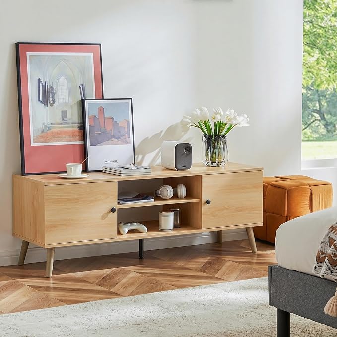 Sweetcrispy TV Stand for 55 60 inch TV, Modern Mid Century Entertainment Center with Storage, Media Console Table 2 Cabinet, Soft Hinge, Handle Door, Wooden Living Room, Office Furniture, Oak - Image 2