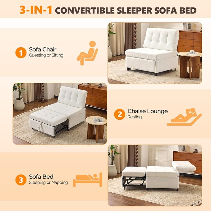 VINGLI Convertible Sofa Bed Tufted Teddy Fleece Sleeper Chair Bed Couch Armless Living Room Chairs with Adjustable Backrest Pull Out Couch Bed for Small Spaces | Armless Sofa Bed