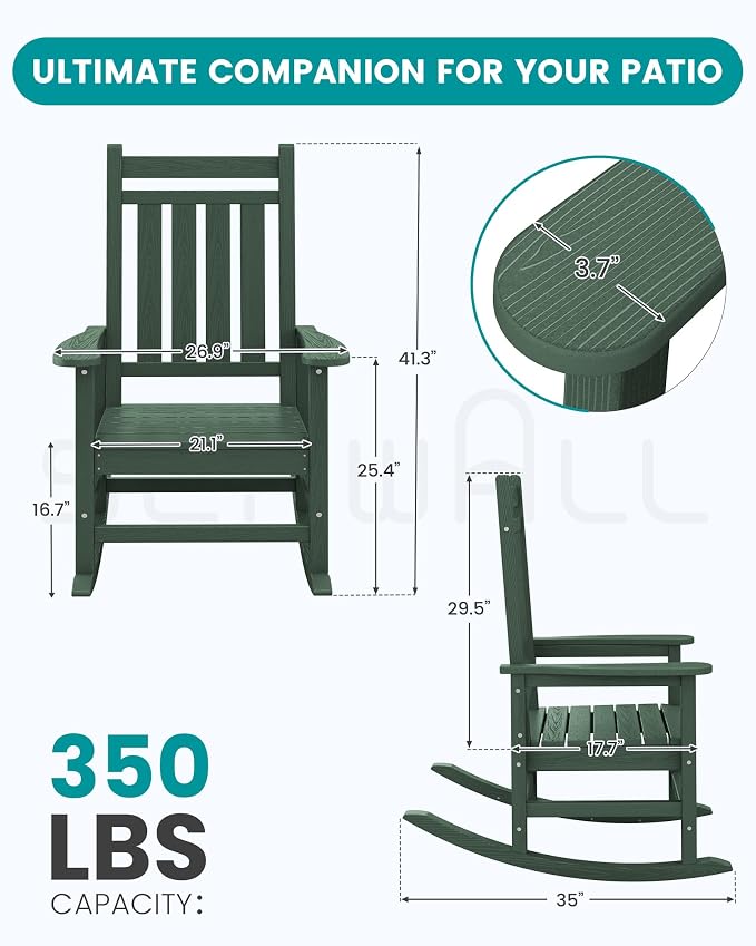 SERWALL Oversized Outdoor Rocking Chair Set of 4, HDPE Rocker for Adults, Patio Rocking Chairs for Porch, Green - Image 3