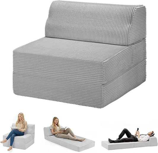 Folding Sofa Bed with Pillow, Memory Foam Fold Out Chair Bed, Convertible Sleeper Chair with Washable Cover, Futon Floor Couch for Living Room/Dorm/Guest Use/Home Office/Apartment, Light Grey