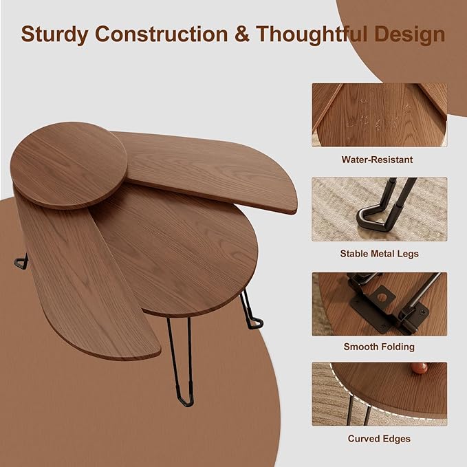 Small Coffee Tables for Small Spaces, Solid Wood Accent Tables Living Room, Foldable Coffee Table Oval, Folding Floor Table, Low Table for Sitting on the Floor, Narrow Side Table Couch, Walnut