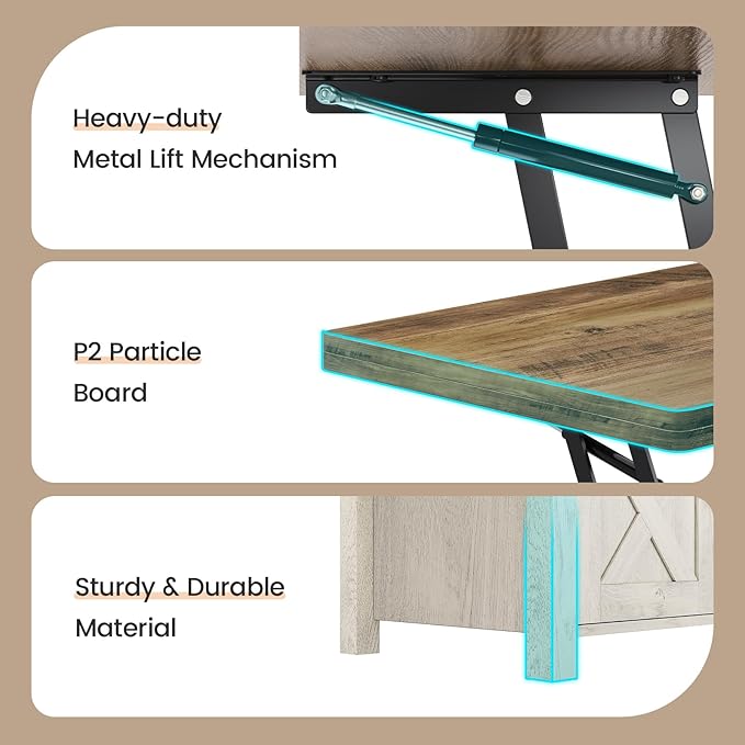 SEDETA Lift Top Coffee Table, 4 in 1 Multi-Function Convertible Coffee Tables with Storage and Hidden Compartment, Farmhouse Coffee Table Converts to Dining Table for Living Room, Brown Top | 4 in 1, Multi-Function, Storage, Hidden Compartment, Living ...