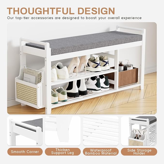 Homaxy 2-Tier Shoe Rack Bench with Side Holder, 39.4 in Bamboo Entryway Bench, Shoe Rack Organizer with Cushion for Front Entrance, Hallway Living Room Bedroom, White and Dark Grey - Image 9