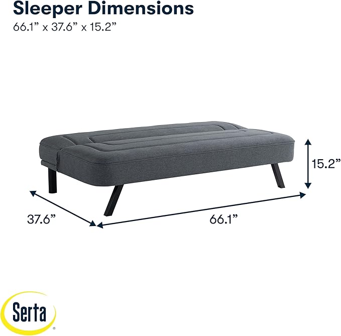 Serta Fairwood 66.1" Convertible Futon Sofa, Short Twin Size, Modern Boho, Dream Coil Comfort, Fingerguard Pinch Point Protection, Soft Woven Polyester Fabric, Charcoal