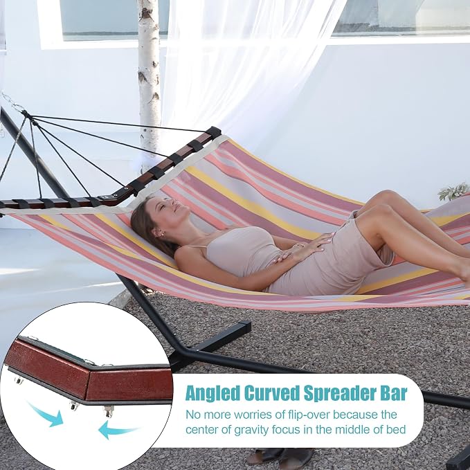 TegerDeger 12FT 2 Person Hammock Large Hammock Quick Dry 450LB Capacity with V Shaped Hardwood Spreader Bar & Nylon Rope for Outside, Patio, Garden, Backyard, Beach, Poolside - Coral Red Stripes - Image 3