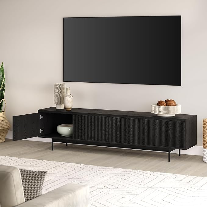 Henn&Hart Fluted TV Stand for TVs up to 85" with 2 Open-Concept Ribbed Storage Cabinets for Living Room, Family Room, or Office, Natural Black - Image 6