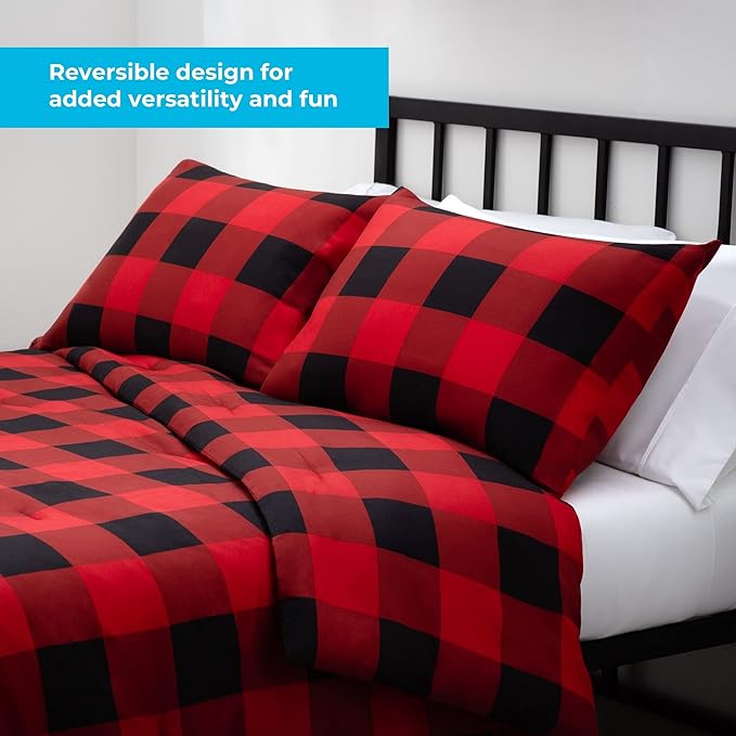 LINENSPA All Season Hypoallergenic Down Alternative Microfiber Comforter, Queen, Red/Black