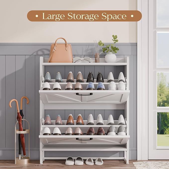 MU Shoe Storage Cabinet for Entryway, Hidden Shoe Cabinet with 2 Flip Drawers, Narrow Shoe Organizer Shoe Rack Cabinet with Metal Legs, White - Image 5