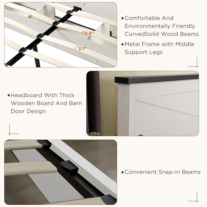 JXQTLINGMU 3 Pieces Farmhouse Bedroom Set-King Size Bed with 2 Nightstands of Sliding Barn Door Storage Cabinets, Solid Wood Slats Support, Noiseless, No Box Spring Needed, Off White