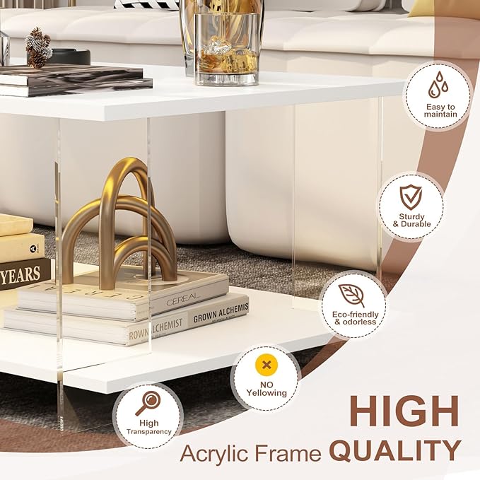 43" Acrylic Coffee Table with White Wood Top, Minimalist Stylish Modern Rectangular Center Tables for Living Room, Led Living Room Table with Storage Shelf & Acrylic Frame for Small Space