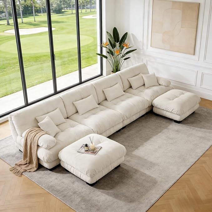 173.2" U-Shaped Cloud Couch, Oversized Modular Sectional Sofa, Deep Seat Cloud Boneless Couch, 4-Seat Modular Sectional Sofa with 2 Ottoman or Living Room,Bedroom and Apartment, Light Coffee