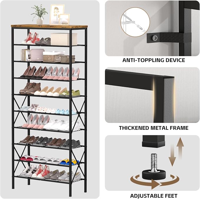 10-Tier Tall Shoe Rack, Large Capacity Shoe Shelf Holds40-45 Pairs, Shoe Shelf for Entryway, Hallway, Living Room, Rustic Brown - Image 8