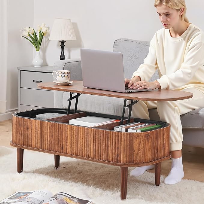 VEVOR Fluted Lift Top Coffee Table, Oval Walnut Coffee Table with 3 Hidden Compartment, Mid Century Modern Wood Center Table with Storage, Lift up Tabletop for Home Living Room Office, Easy Assembly