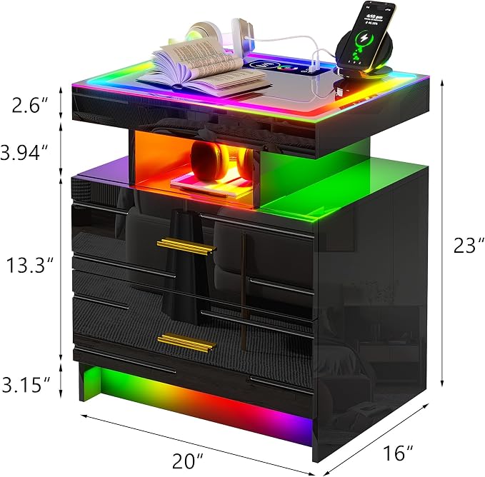 HNEBC RGB Nightstand with Wireless Charging Station, LED Night Stand with Motion Sensor Lights, Smart Bedside Table with Changing Strip Lights with Remote,High Gloss Side Table/Glass Top (Black) - Image 2