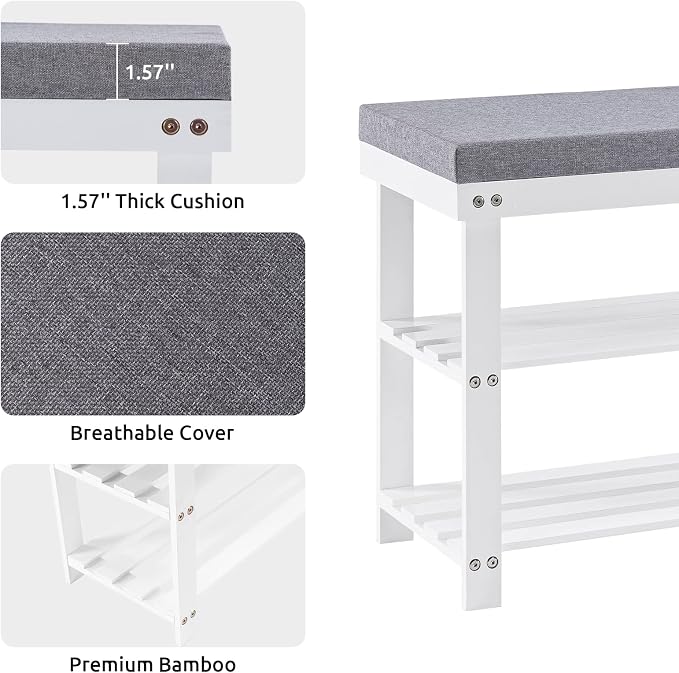 Apicizon 3-Tier Shoe Rack for Entryway, Bamboo Shoe Bench with Cushion Padded Seat, Small Shoe Organizer with Storage for Indoor Entrance Hallway Bedroom Living Room, White - Image 4