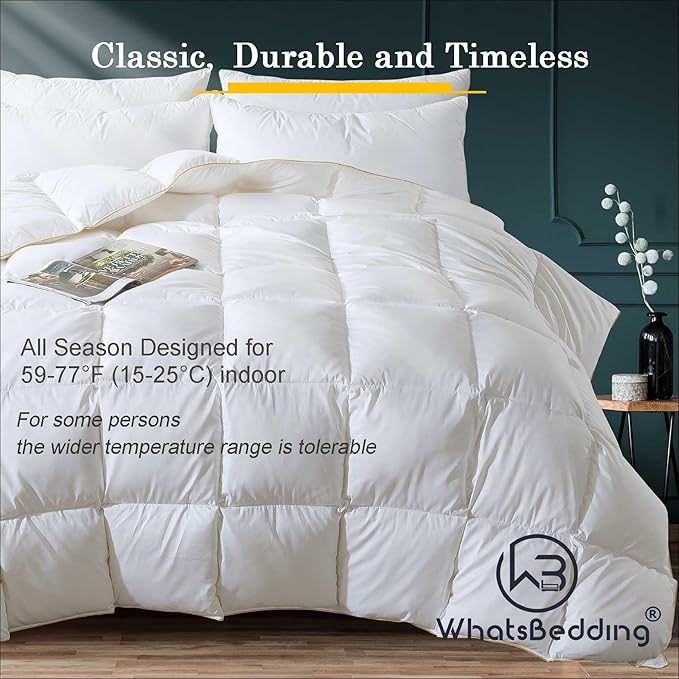Puffy White Feather Comforter King Size, All Season Duvet Insert Feather Downfiber Filled, 100% Cotton Luxury Hotel Collection, 4 Corner Loops, Gold Piping