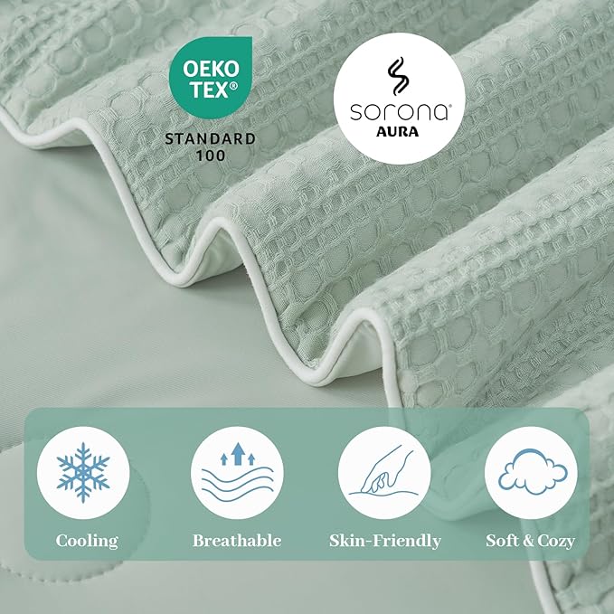 Amélie Home Waffle Cooling Comforter King Size, Q-Max 0.45 Reversible Lightweight Cooling Blanket for Hot Sleepers, Breathable Bedding for Night Sweats, 106"x90", Sage Green