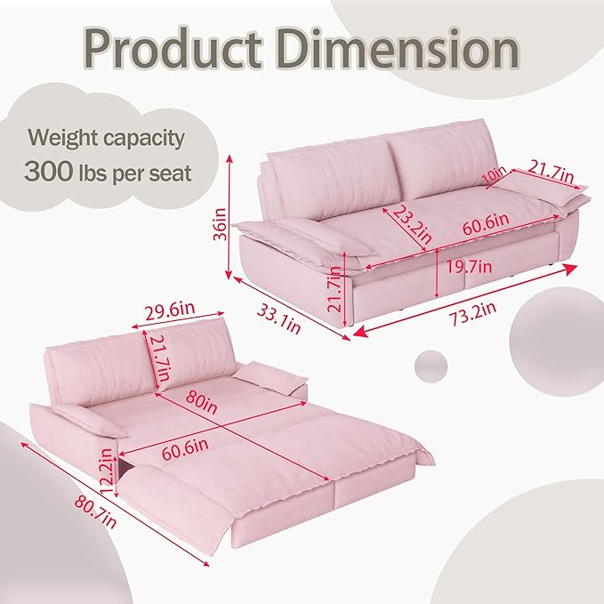 73.2" Queen Size Pull Out Sofa Bed, 3-in-1 Convertible Sleeper, Velvet Loveseat for Living Room, Apartment, Bedroom Small Spaces, Pink (Mattress & Bedding Not Included)
