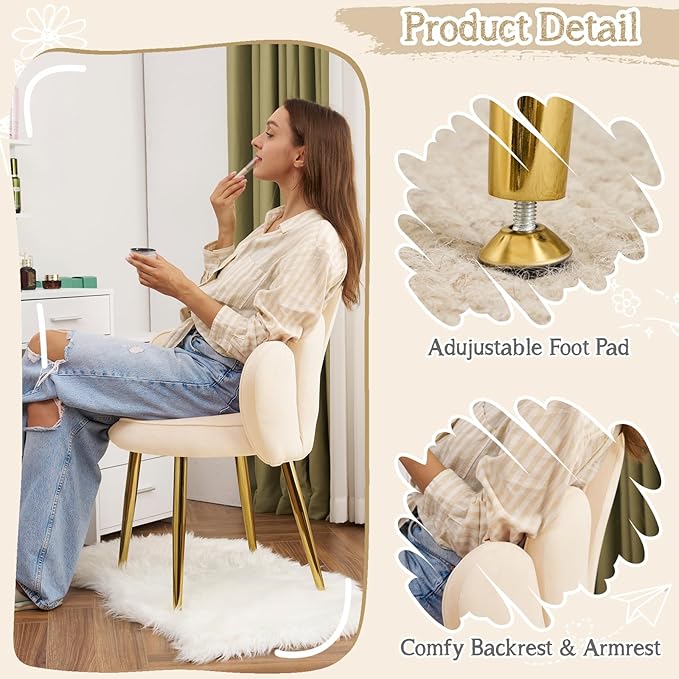 VINGLI Petal Makeup Vanity Chair with Back,Flower Cute Girls Desk Chair Comfy No Wheels,Modern Dining Chair,Small Accent Chair with Adustable Gold Legs&Bow Pillow for Home Office,Bedroom,Velvet,Beige