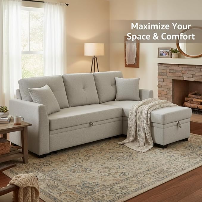 Sectional Sleeper Sofa with Pull Out Bed, L Shape Convertible Chenille Couch with Storage Chaise, 2 in 1 Pull Out Sofa Bed with 2 Seats, for Living Room, Apartment, Beige