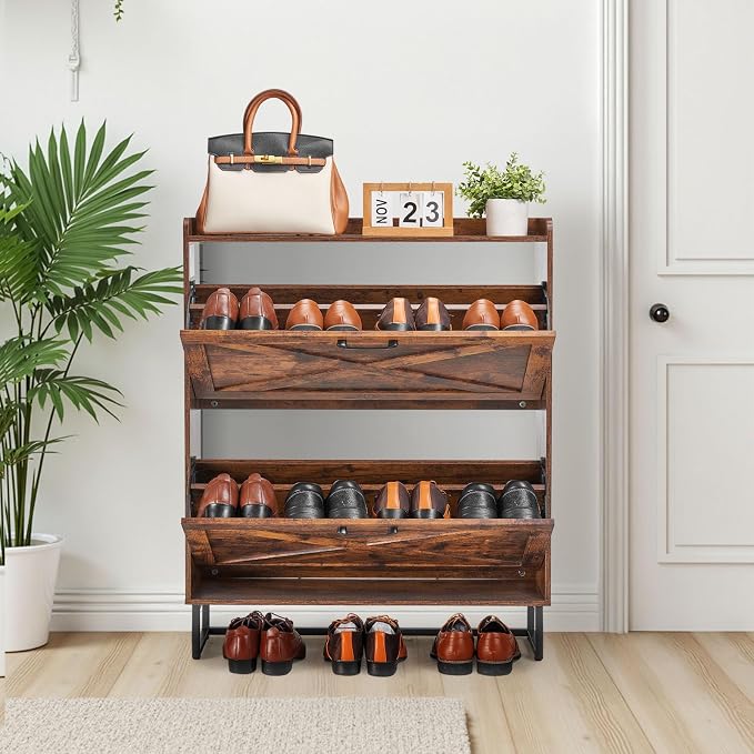 VEVOR Shoe Cabinet with 2 Flip Drawers, Farmhouse Shoes Storage Cabinet with Metal Legs and Anti-Tipping Device, Freestanding Shoe Organizer Ideal for Entryway, Hallway, Bedroom, Living Room, Brown - Image 2