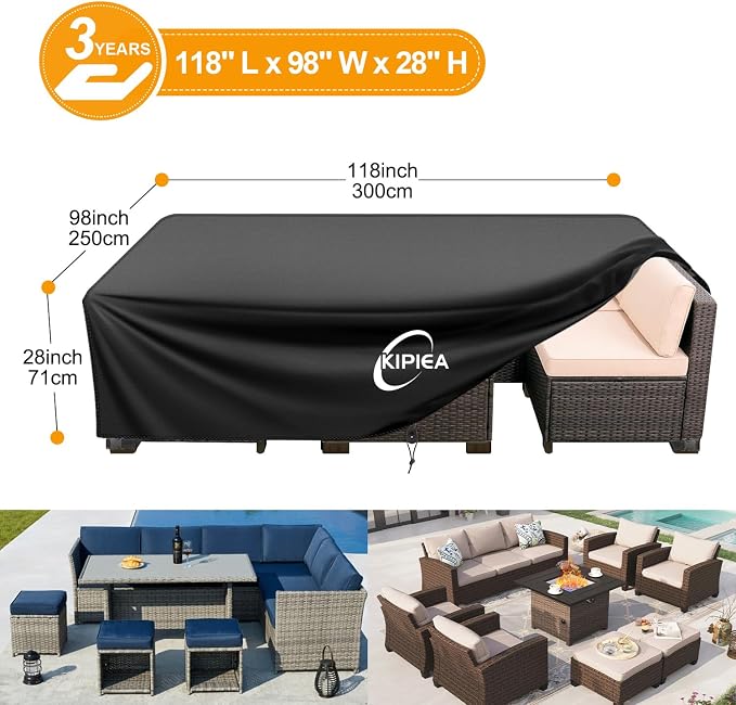 Kipiea Outdoor Furniture Covers Waterproof, 420D Heavy-Duty Patio Furniture Set Covers, No Tears Anti UV No Fading,118" L x 98" W x 28" H - Image 2