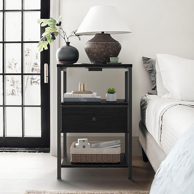 BOLUO Black Nightstand with Charging Station, LED Night Stand with Fabric Drawers and Shelf, Bedside Table with USB Ports and Outlets, Bedroom Nightstand Modern - Image 7