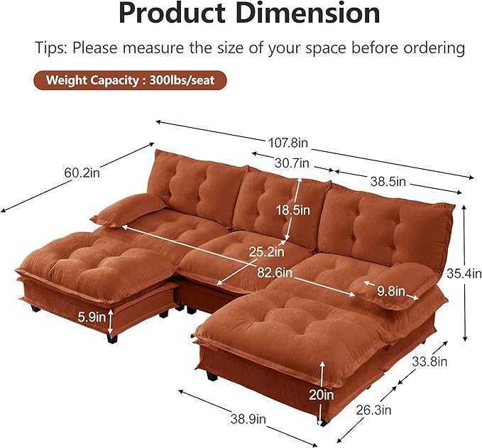 108" U Shaped Modular Sectional Sofa Couches for Living Room, Cloud Couch with Movable Ottomans, Comfy Chenille Sofa with Pillow-top Armrest for Bedroom Apartment | Free Combination, Tufted
