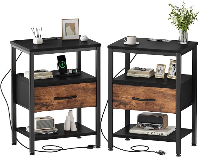 DUMOS Nightstand Set of 2 with Wireless Charging Station Bed Side Tables with Adjustable Fabric Drawers 3-Tier Storage End Tables Modern Design,Black and Brown by DumosLifestyle