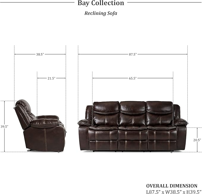 Lexicon Bay Manual Reclining Living Room Sofa Set, 3-Piece, Dark Brown