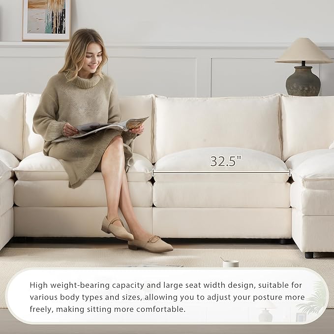 Merax 136" Chenille Modular Sectional Sofa, 6-Seat U-Shaped Oversized Cloud Couch Set, with Double Cushions and Movable Ottomans, Deep & Wide Seating, Cream