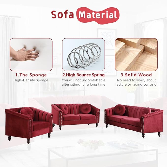60" Loveseat Sofa, Microfiber Chesterfield Upholstered Sofas Love Seat, Couch Chair Sets with Style Button Tufted, Scroll Arms and Nailhead for Living Room, Office, Apartment-Red