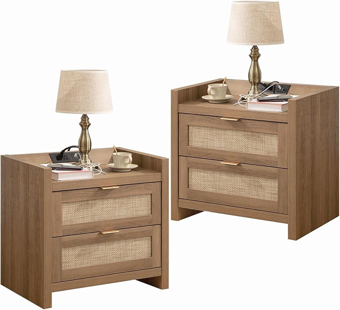 SICOTAS Night Stand Set of 2 - Rattan Nightstands with Type-C Charging Station, 2 Rattan Drawers - Boho Bed Side Tables End Table for Small Space - Natural Oak by SICOTAS