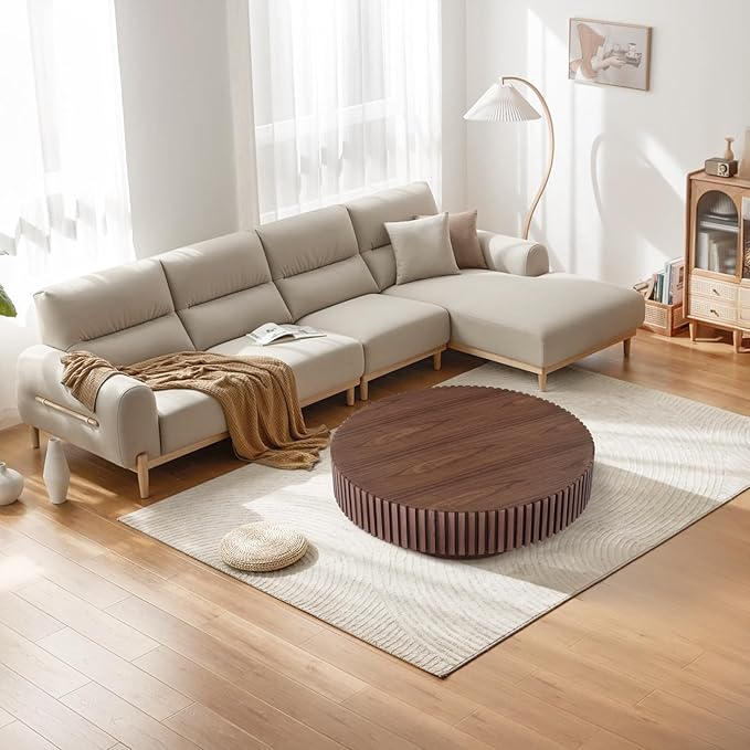 39.37" Round Wood Coffee Table, Modern Unique Circle Coffee Table, Contemporary Drum Fluted Accent Side Table Center Table for Living Room, Office, Apartment, Walnut